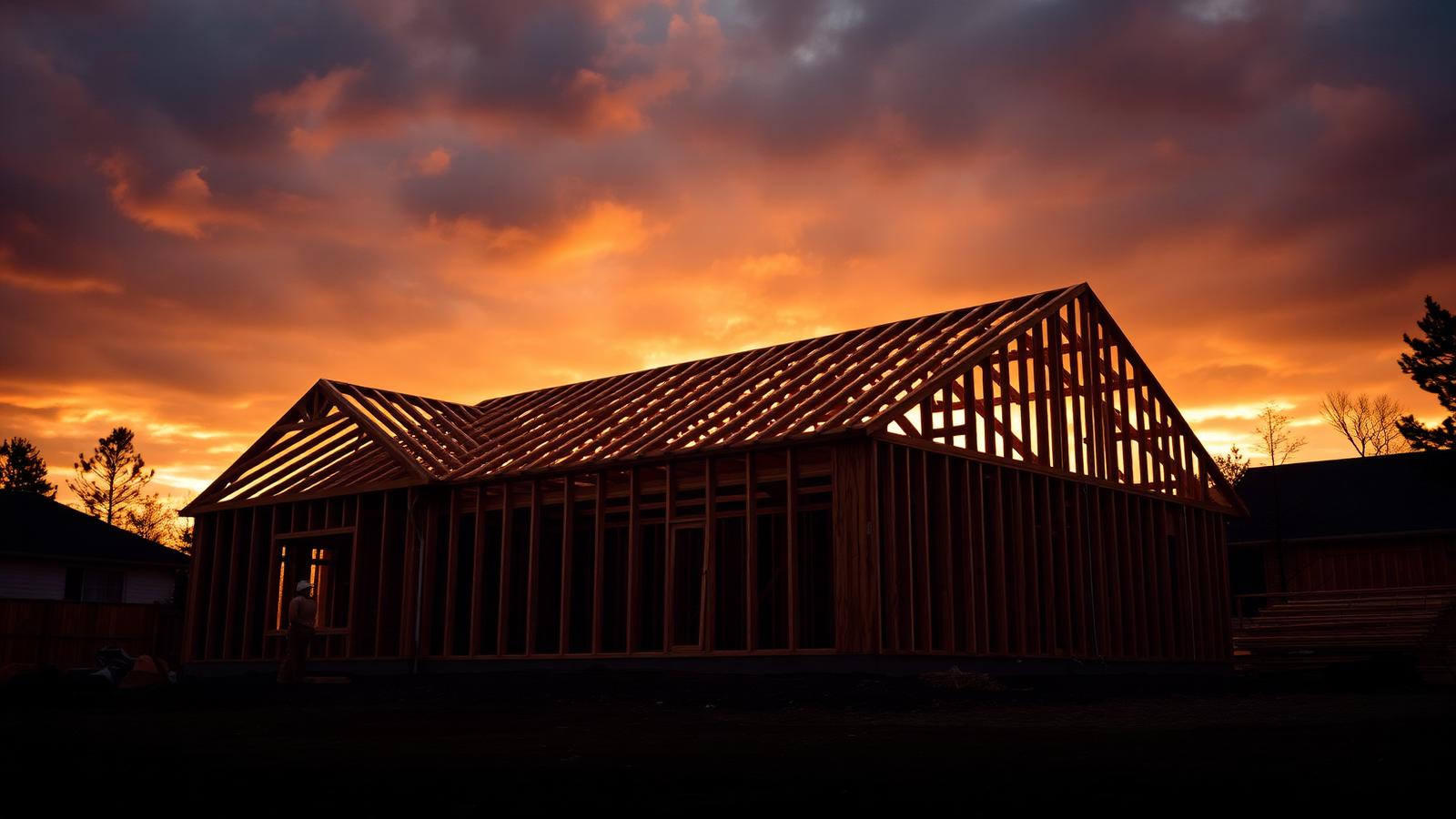 Home under construction at sunset